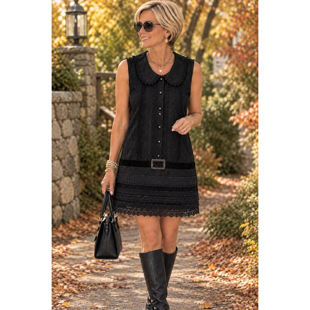 Anna Sui x Target Collab Dress Women M Black Drop Waist Velvet Belt Crochet Goth